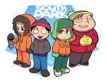  4boys black_hair blonde_hair blush brown_hair closed_mouth coat comedy_central copyright_name english_commentary eric_cartman gloves green_eyes grin hands_in_pockets hat highres hood hood_up interlocked_fingers kenny_mccormick kyle_broflovski long_sleeves male_focus mittens multiple_boys open_mouth orange_hair pants pocket rariatto_(ganguri) simple_background smile south_park stan_marsh standing twitter_username viacom 