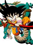  1boy absurdres animal black_eyes black_footwear black_hair collarbone commentary dougi dragon dragon_ball dragon_ball_(classic) fighting_stance fingernails frown full_body highres holding holding_weapon horns jumping kicking looking_afar male_focus monkey_tail nyoibo official_art open_mouth shaded_face sharp_teeth shenlong_(dragon_ball) shoe_soles son_gokuu spiky_hair tail teeth tongue toriyama_akira v-shaped_eyebrows weapon whiskers wristband 