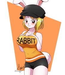  absurdres animal_ears bike_shorts black_headwear blonde_hair blush breasts brown_eyes bunny_girl bunny_nose bunny_tail carrot_(one_piece) furry hands_on_own_chest highres hyunh211 large_breasts one_piece rabbit_ears shirt signature tail tank_top tight_shirt white_skin 