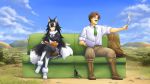  1boy 1girl ;) animal_ears black_hair black_legwear blue_eyes blush boots breasts brown_eyes brown_hair commentary commentary_request crossed_legs eyebrows_visible_through_hair facial_hair fur_collar gloves grey_wolf_(kemono_friends) hat highres kemono_friends large_breasts long_hair looking_at_another looking_to_the_side multicolored_hair mustache naka_(nicovideo14185763) necktie one_eye_closed outdoors sitting smile tagme tail two-tone_hair white_gloves white_hair white_legwear wolf_ears wolf_girl wolf_tail 