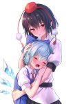  2girls bangs black_hair blue_bow blue_dress blue_hair blush bow cirno closed_eyes closed_mouth collared_shirt commentary_request crying detached_wings dress hair_bow hand_on_another&#039;s_head hat height_difference highres hug ice ice_wings multiple_girls neck_ribbon open_mouth pinafore_dress pointy_ears pom_pom_(clothes) puffy_short_sleeves puffy_sleeves red_eyes red_headwear red_neckwear red_ribbon ribbon roke_(taikodon) shameimaru_aya shirt short_sleeves simple_background tassel tears tokin_hat touhou upper_body white_background white_shirt wings 