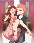  2girls ahoge amanda_o&#039;neill arikindows10 bangle bare_legs bare_shoulders black_jacket black_pants blurry blush bow bracelet brown_eyes brown_hair carrying crossdressinging curtains depth_of_field dress formal green_eyes hair_bow hanna_england high_heels jacket jewelry legs little_witch_academia long_hair multicolored_hair multiple_girls necklace one_eye_closed open_mouth orange_hair pants parted_hair pendant pink_dress pink_footwear princess_carry sash shirt short_hair sidelocks smile sparkle strappy_heels suit surprised sweatdrop thick_eyebrows thighs two-tone_hair wavy_hair wavy_mouth white_shirt wide-eyed window yellow_bow yellow_sash 