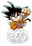  1boy alternate_color arm_at_side armpit_peek black_eyes black_hair clenched_hands closed_mouth clothes_writing collarbone commentary dougi dragon_ball dragon_ball_(classic) fingernails flying_nimbus frown full_body highres looking_afar male_focus monkey_tail official_art outstretched_hand perspective serious shaded_face simple_background son_gokuu spiky_hair standing tail toriyama_akira v-shaped_eyebrows white_background wristband 