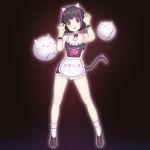  1girl absurdres apron artist_request black_hair bow cat cat_girl cat_tail full_body hair_bow highres maid_apron multicolored_hair original paw_pose pink_hair robot robot_animal smile streaked_hair tail two-tone_hair 
