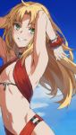  1girl bangs bare_shoulders blush braid breasts collarbone fate/apocrypha fate_(series) french_braid green_eyes highres long_hair looking_at_viewer mordred_(fate) mordred_(fate)_(all) navel small_breasts smile swimsuit tonee 