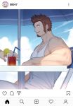  1boy 1other 47 arm_rest bara bare_shoulders beard biceps blue_eyes brown_hair chair chest chest_scar clouds cloudy_sky covered_navel cup day drinking_glass drinking_straw facial_hair fate/grand_order fate_(series) food from_side fruit highres ice juice lemon lemon_slice looking_at_viewer male_focus manly muscle napoleon_bonaparte_(fate/grand_order) open_mouth outdoors pants pectorals revealing_clothes scar shadow shiny sitting sky solo_focus summer sunlight table tank_top tight tight_pants umbrella under_umbrella upper_body white_tank_top 