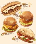  arrow_(symbol) beef bread_bun cheese chicken_(food) english_text food hamburger highres lettuce mayonnaise melting nao_(bestrollever) no_humans paper_towel salad sandwich swiss_cheese tomato 