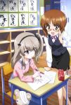  2girls :d absurdres bandages bangs black_skirt black_vest blue_overalls boko_(girls_und_panzer) brown_eyes brown_hair bulletin_board calligraphy chair classroom desk eyebrows_visible_through_hair girls_und_panzer glasses hair_ribbon highres holding holding_pencil indoors leaning_on_table light_brown_eyes light_brown_hair locker multiple_girls nishizumi_miho notebook official_art open_mouth overalls parted_lips pencil pencil_case pink_shirt red_neckwear ribbon school_chair school_desk semi-rimless_eyewear shelf shimada_arisu shirt sidelocks sitting skirt smile standing stuffed_animal stuffed_toy teddy_bear under-rim_eyewear vest white_shirt wooden_floor 