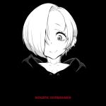  1girl black_background bright_pupils character_name closed_mouth ear_piercing earrings hair_over_one_eye highres hood hood_down hoodie idolmaster idolmaster_cinderella_girls jewelry looking_at_viewer monochrome one_eye_covered piercing portrait red_theme shirasaka_koume short_hair simple_background smile solo tocky white_pupils 