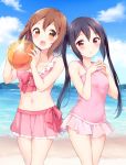  2girls :d :o ball bangs beach beachball bikini bikini_skirt black_hair blush brown_eyes brown_hair collarbone commentary_request copyright_name day frilled_bikini frills hair_ornament hairpin hands_on_own_chest hands_together hazuki_(sutasuta) highres hirasawa_yui holding holding_ball k-on! long_hair looking_at_viewer multiple_girls nakano_azusa navel one-piece_swimsuit open_mouth outdoors pink_bikini pink_ribbon pink_swimsuit ribbon sidelocks smile swimsuit twintails violet_eyes 
