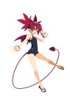  1girl bracelet demon_girl demon_tail demon_wings disgaea disgaea_rpg earrings etna fang full_body goggles goggles_on_head jewelry official_art open_hand open_mouth pointy_ears red_eyes redhead sandals school_swimsuit solo swimsuit tail transparent_background twintails w wings 
