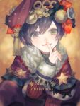  1boy androgynous bow christmas_ornaments drawr finger_to_mouth hat heterochromia looking_at_viewer male_focus merry_christmas nishihara_isao original purple_hair short_hair solo star_(symbol) violet_eyes wool yellow_eyes 