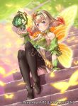  1girl blonde_hair bug butterfly closed_mouth company_name copyright_name fairy_wings fire_emblem fire_emblem_cipher fire_emblem_heroes full_body gradient_hair hairband i-la insect multicolored_hair official_art peony_(fire_emblem) pointy_ears sitting smile solo stairs violet_eyes wings 