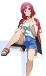  1girl :o blue_shirt blue_shorts bokura_no_live_kimi_to_no_life bracelet collarbone denim denim_shorts hand_on_own_chest highres icehotmilktea invisible_chair jacket jacket_on_shoulders jewelry knee_up looking_at_viewer love_live! love_live!_school_idol_project nishikino_maki red_jacket redhead sandals shirt short_hair short_sleeves shorts sitting toes violet_eyes 