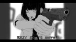  1girl absurdres bangs blunt_bangs blurry blurry_background blush border ear_piercing english_text greyscale gun handgun highres holding holding_gun holding_weapon jewelry monochrome necklace open_mouth original piercing shirt short_hair short_sleeves solo sweat taida weapon weapon_request 