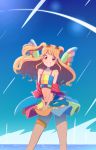  absurdres aikatsu! aikatsu!_(series) blonde_hair eaccount eyewear_on_head fishnet_legwear fishnets highres huge_filesize looking_at_viewer multicolored multicolored_clothes multicolored_skirt multicolored_wings natsuki_mikuru orange_eyes skirt sunglasses swimsuit wings 