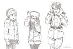  1boy 2girls brown_theme character_request closed_eyes closed_mouth coat dated eyebrows_visible_through_hair fur-trimmed_shorts fur_trim glasses horikou inuyama_aoi long_sleeves military military_jacket military_uniform monochrome multiple_girls pants pantyhose parted_lips real_life shorts sidelocks signature simple_background soldier soviet soviet_union uniform white_background yurucamp 