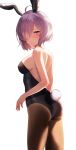  1girl absurdres ahegao animal_ears bare_back bare_shoulders bunny_girl bunny_tail bunnysuit fake_animal_ears fate/grand_order fate_(series) from_side gadeung_hye hair_over_one_eye highres looking_at_viewer mash_kyrielight purple_hair rabbit_ears short_hair simple_background solo tail violet_eyes white_background 