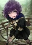  1girl arrow_(projectile) bernadetta_von_varley bow_(weapon) fence fire_emblem fire_emblem:_three_houses garreg_mach_monastery_uniform grey_eyes holding holding_bow_(weapon) holding_weapon hood hood_down kazuko_(towa) long_sleeves open_mouth outdoors purple_hair quiver short_hair solo tree uniform weapon wooden_fence 