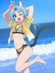  1girl ;d animal_ear_fluff animal_ears arms_up bangs bare_legs barefoot bell bikini bikini_under_clothes blue_eyes blue_hair blue_sky blush breasts brown_jacket cat_ears cat_girl cat_tail collarbone commentary_request day drawstring eyebrows_visible_through_hair fingernails hair_bell hair_ornament highres hood hood_down hooded_jacket horizon jacket jingle_bell long_hair looking_at_viewer marine_day navel ocean one_eye_closed open_clothes open_jacket open_mouth original outdoors parted_bangs short_sleeves sidelocks sky small_breasts smile solo standing standing_on_one_leg string_bikini swimsuit tail tail_raised tonbi v water waves 