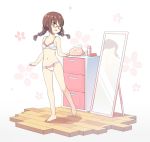  1girl :d bangs bare_arms bare_legs bare_shoulders barefoot black-framed_eyewear blush bra braid breasts brown_hair eyebrows_visible_through_hair glasses hatsunatsu long_hair looking_at_mirror looking_away looking_back low_twintails mirror navel open_mouth original panties reflection small_breasts smile solo standing standing_on_one_leg twin_braids twintails underwear underwear_only white_bra white_panties 