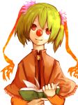  1girl book clown_nose commentary_request green_hair hair_ribbon head_tilt holding holding_book layered_clothing long_sleeves neck orange_sleeves original qwertyuiop12314 red_ribbon ribbon ringed_eyes shawl simple_background smile solo twintails upper_body white_background 