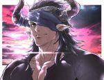  1boy bara black_hair bursting_pecs chest clouds cloudy_sky dark_skin dark_skinned_male draph earrings granblue_fantasy horns jewelry light looking_at_viewer male_focus manly muscle one_eye_covered pectorals pointy_ears red_sky reinhardtzar revealing_clothes sky smile solo upper_body zanki 