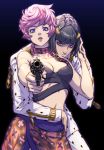  1boy 1girl aiming_at_viewer black_background black_hair blue_eyes bob_cut bruno_buccellati choker gun hair_ornament hairclip handgun highres holding holding_weapon hug hug_from_behind jojo_no_kimyou_na_bouken lips looking_at_viewer midriff mobo parted_lips pink_hair short_hair skirt trish_una vento_aureo violet_eyes weapon zipper 