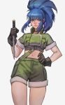  1girl black_gloves blue_eyes blue_hair breasts combat_knife earrings gloves hand_on_own_thigh jewelry knife leona_heidern long_hair metal_slug midriff military parted_lips ponytail short_sleeves shorts simple_background solo the_king_of_fighters thighs uncle_rabbit_ii weapon white_background 