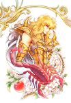  1boy apple armor blonde_hair blue_eyes branch cape commentary_request constellation cropped_torso food fruit gold_armor gold_saint gradient_hair hair_between_eyes kuori_chimaki leaf long_hair looking_at_viewer male_focus multicolored_hair pegasus saint_seiya saint_seiya_saintia_sho scorpio_milo scorpion simple_background solo sparkle twitter_username white_background white_cape 