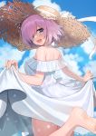  1girl absurdres ayul_(ayulneri_92) bangs bare_shoulders blue_sky blush breasts dress fate/grand_order fate_(series) feet hair_over_one_eye hat highres large_breasts lavender_hair looking_at_viewer looking_back mash_kyrielight open_mouth ribbon short_hair sky smile straw_hat violet_eyes white_dress white_ribbon 