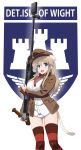  1girl animal_ears ass_visible_through_thighs bangs blue_eyes bow bow_panties boys_anti_tank_rifle brown_headwear brown_jacket cat_tail commentary cowboy_shot crotch_seam eyebrows_visible_through_hair flat_cap gun hat highres holding holding_gun holding_weapon isle_of_wight_detachment_group_(emblem) jacket kaneko_(novram58) light_brown_hair long_hair long_sleeves looking_at_viewer necktie no_pants open_mouth panties red_legwear red_neckwear shirt smile solo standing strike_witches striped striped_legwear tail thigh-highs underwear weapon white_shirt wilma_bishop world_witches_series 