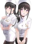  1girl bangs black_choker black_legwear blush breasts choker commentary_request hair_between_eyes hair_over_shoulder hand_on_own_chest hands_on_own_thighs hat highres id_card kfr large_breasts leaning_forward long_hair low_tied_hair nurse nurse_cap open_mouth original pantyhose sidelocks violet_eyes 
