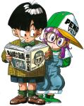  1boy 1girl :o absurdres alternate_costume bandaid bandaid_on_cheek baseball_cap black_eyes black_hair book bow bowl_cut bowtie brown-framed_eyewear brown_footwear clothes_writing commentary creator_connection crossover dr._slump dragon_ball dragon_ball_z dress_shirt eyelashes fingernails full_body glasses green_footwear green_legwear green_neckwear hat highres holding holding_book jacket leaning leaning_to_the_side loafers long_sleeves looking_at_another looking_to_the_side norimaki_arale official_art open_book overalls plaid_jacket purple_hair shiny shiny_hair shirt shoes shorts simple_background socks son_gohan standing straight_hair toriyama_akira toriyama_akira_(character) violet_eyes white_background white_shirt wide-eyed yellow_jacket 