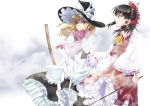  2girls ascot black_hair blonde_hair bow broom clouds commentary_request detached_sleeves fog frilled_bow frilled_shirt_collar frills gloves gohei hair_bow hair_tubes hakurei_reimu hat hat_bow kirisame_marisa kyuu_umi lips long_sleeves multiple_girls petticoat pink_gloves pink_scarf red_bow red_shirt red_skirt ribbon-trimmed_sleeves ribbon_trim scarf shirt skirt touhou white_bow witch_hat yellow_eyes yellow_neckwear 