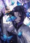  1girl black_background black_jacket blurry_foreground bug butterfly butterfly_hair_ornament flower hair_intakes hair_ornament haori highres holding holding_sword holding_weapon insect jacket japanese_clothes kimetsu_no_yaiba kochou_shinobu long_sleeves looking_at_viewer purple_background shiny shiny_hair solo sword two-tone_background upper_body violet_eyes weapon wisteria yutoriko_(candy0905) 