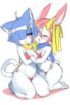 2girls :3 :d ^_^ ^o^ absurdres ahoge animal_ear_fluff animal_ears animal_nose bikini blue_hair blush breasts bunny_girl bunny_tail cat cat_ears cat_girl cat_tail closed_eyes commentary_request eyebrows_visible_through_hair furry hair_between_eyes hair_ribbon highres kneeling medium_breasts medium_hair multiple_girls open_mouth original rabbit rabbit_ears red_bikini ribbon scarf short_hair simple_background smile suurin_(ksyaro) swimsuit tail violet_eyes white_background white_fur yellow_ribbon yellow_scarf 
