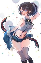  1girl bangs black_hair blue_eyes blue_jacket blue_sky blush braid breasts confetti crop_top highres hololive jacket looking_at_viewer navel oimo_0imo oozora_subaru open_mouth short_hair shorts simple_background sky sleeveless smile solo suspender_shorts suspenders thigh-highs thigh_gap thighs virtual_youtuber white_background white_headwear 