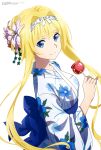  1girl absurdres alice_schuberg apple aqua_inc. bangs blonde_hair blue_eyes candy_apple closed_mouth floral_print flower food fruit hair_flower hair_intakes hair_ornament hairband highres holding holding_food japanese_clothes kimono looking_at_viewer megami obi official_art sash sidelocks smile solo standing sword_art_online sword_art_online_alicization yukata 