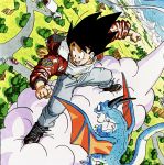  1boy :d animal belt black_eyes black_hair blue_sky brown_footwear bush car clenched_hands clouds cloudy_sky commentary day denim dinosaur dragon_ball dragon_ball_z dutch_angle flying flying_nimbus from_above fur-trimmed_jacket fur_trim grass ground_vehicle happy highres hill horizon house jacket jeans legs_apart looking_afar male_focus messy_hair motor_vehicle mountain mountainous_horizon nature number official_art open_clothes open_jacket open_mouth orange_wings outdoors pants red_jacket road road_sign shaded_face shiny shiny_clothes shirt shoes sign sky smile sneakers son_gokuu standing teeth toriyama_akira tree white_shirt wings zipper 