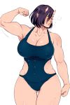  1girl armpits ass_visible_through_thighs black_hair blush collarbone covered_navel covered_nipples cowboy_shot devldevil elf-san_wa_yaserarenai. eyebrows_visible_through_hair eyes_visible_through_hair flexing flying_sweatdrops hair_between_eyes highres horns oga-san one-piece_swimsuit one_eye_closed plump pointy_ears pose short_hair sweat swimsuit toned visible_air yellow_eyes 