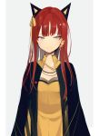  1girl animal_ears black_jacket blue_eyes blush cat_ears closed_mouth commentary dress grey_background hair_ribbon heart jacket looking_at_viewer lpip open_clothes open_jacket original redhead ribbon simple_background smile solo symbol_commentary upper_body yellow_dress yellow_ribbon 