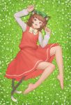  1girl animal_ears arm_up bare_legs barefoot blush brown_eyes brown_hair cat_ears cat_tail chen djjj5322 earrings eyebrows fangs highres jewelry long_sleeves looking_at_viewer lying on_back open_mouth paw_pose short_hair smile solo tail touhou upper_teeth 