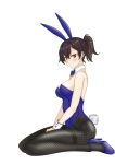  1girl absurdres animal_ears black_legwear blue_leotard blue_neckwear bow bowtie breasts brown_eyes brown_hair bunny_tail bunnysuit commentary_request detached_collar fishnet_legwear fishnets full_body highres kaga_(kantai_collection) kantai_collection leotard long_hair looking_at_viewer medium_breasts nitamago_(sakamalh) pantyhose rabbit_ears side_ponytail simple_background sitting solo strapless strapless_leotard tail thighband_pantyhose wariza white_background wrist_cuffs 