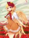  1girl animal animal_on_head bird bird_wings blonde_hair breasts chick dress feathered_wings flower highres looking_at_viewer medium_breasts medium_hair multicolored_hair nama_shirasu niwatari_kutaka on_head orange_dress outdoors puffy_short_sleeves puffy_sleeves red_eyes red_flower red_neckwear redhead shirt short_hair short_sleeves solo spider_lily standing touhou two-tone_hair white_shirt wings 