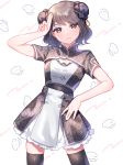  1girl absurdres arm_up bangs black_dress black_hair black_legwear brown_eyes bun_cover closed_mouth commentary_request double_bun dress eyebrows_visible_through_hair hand_on_hip highres komachi_pochi original short_sleeves smile solo standing thigh-highs white_background 