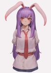  1girl animal_ears arms_behind_back bangs blush bunny_girl closed_mouth collared_shirt djjj5322 eyebrows long_hair looking_at_viewer necktie puffy_short_sleeves puffy_sleeves purple_hair rabbit_ears red_eyes red_neckwear reisen_udongein_inaba shirt short_sleeves sidelocks smile solo swept_bangs touhou very_long_hair white_shirt 