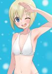  1girl ;d absurdres armpits bangs bikini blonde_hair blue_background blue_eyes breasts commentary erica_hartmann eyebrows_visible_through_hair highres kuroniko looking_at_viewer navel one_eye_closed open_mouth salute short_hair skindentation small_breasts smile solo strike_witches swimsuit white_bikini world_witches_series 