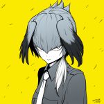  1girl closed_mouth dated hair_between_eyes head_wings highres jacket kemono_friends looking_at_viewer necktie sanpaku shoebill_(kemono_friends) side_ponytail signature solo tocky upper_body yellow_background 