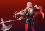  1girl aizumi240326 axe cape edelgard_von_hresvelg fire_emblem fire_emblem:_three_houses garreg_mach_monastery_uniform gloves gradient gradient_background hair_ribbon holding holding_axe long_hair long_sleeves looking_to_the_side parted_lips red_background red_cape red_legwear ribbon simple_background solo uniform violet_eyes white_gloves white_hair 